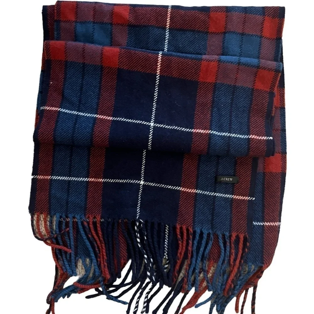 J.CREW oversized soft wool red & blue plaid winter scarf with fringe